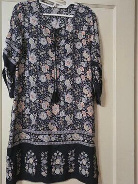 S Hotouch Boho Tassel tie-neck Floral Casual Beach Summer Tunic Dress 3/4 Sleeve